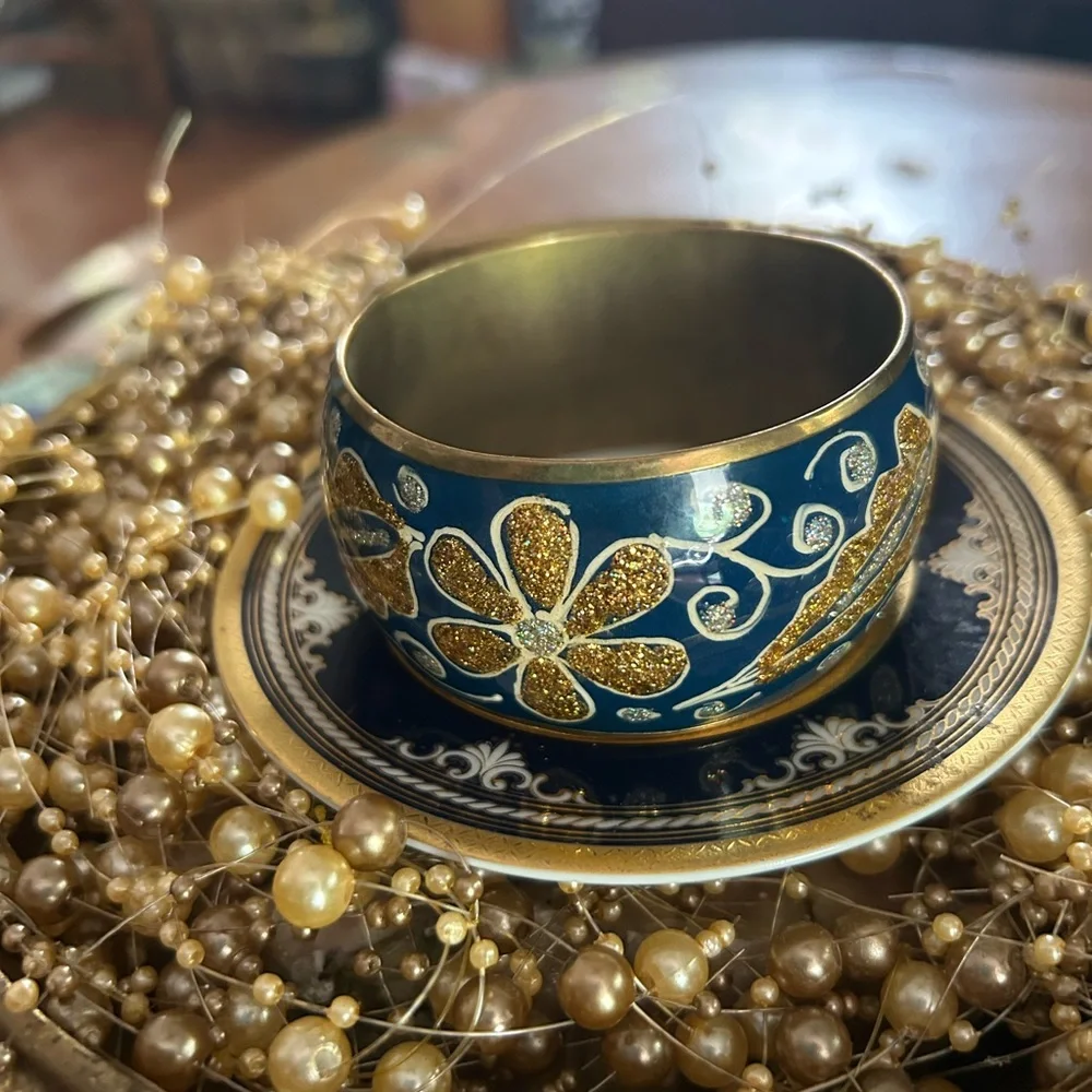 Vintage Wide Blue Enamel Silver & Gold Sparkle Brass Bangle Bracelet
